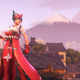 Kiriko stands in front of a Japanese-style village.